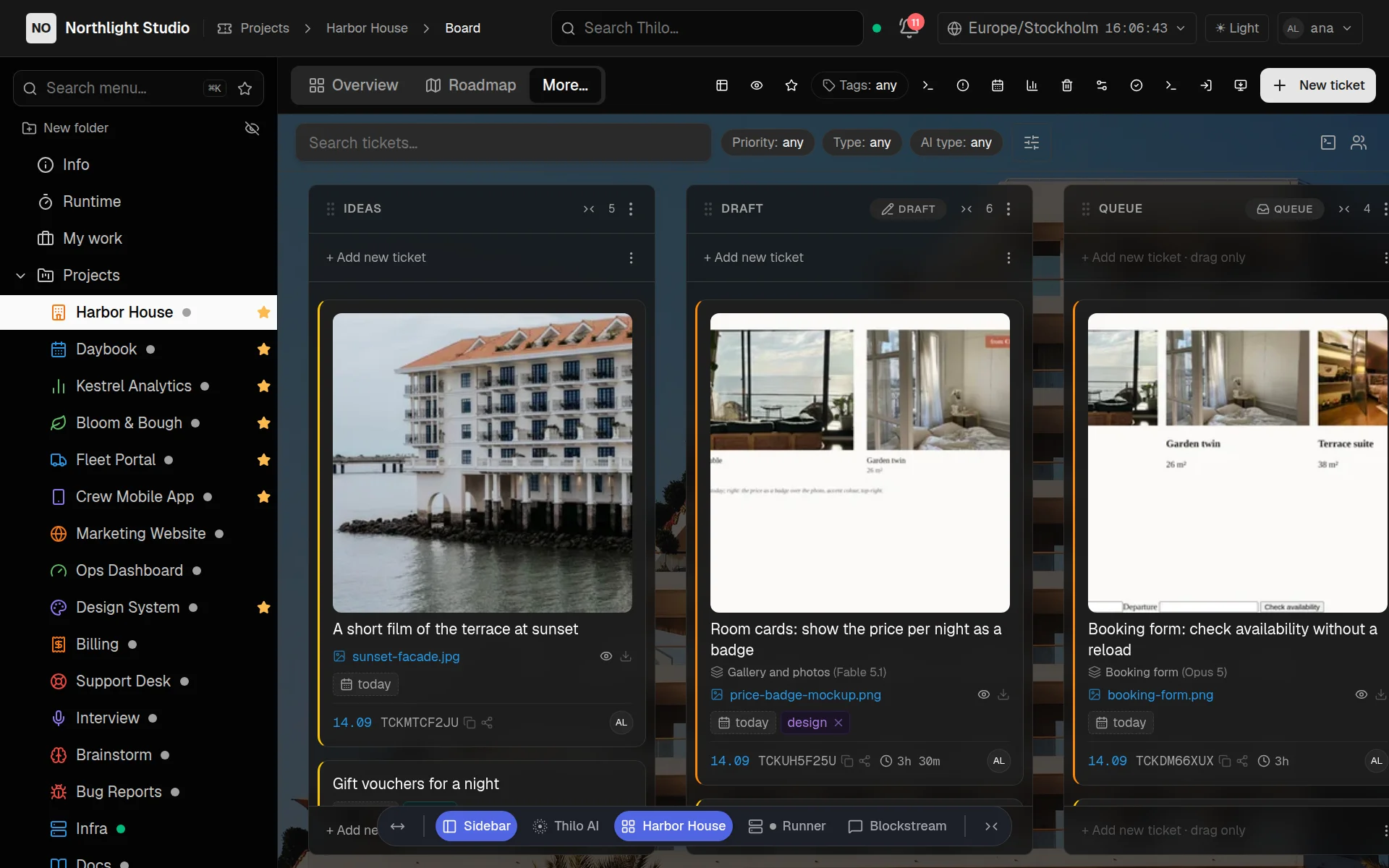thilo.ai kanban board with tickets worked by AI runners