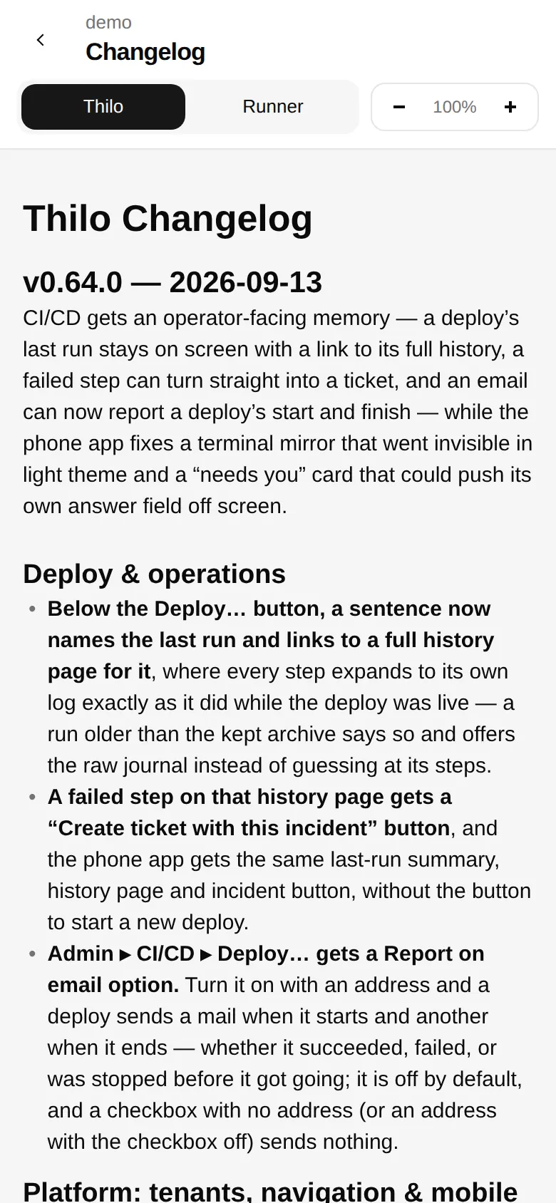 thilo mobile app — the in-app changelog