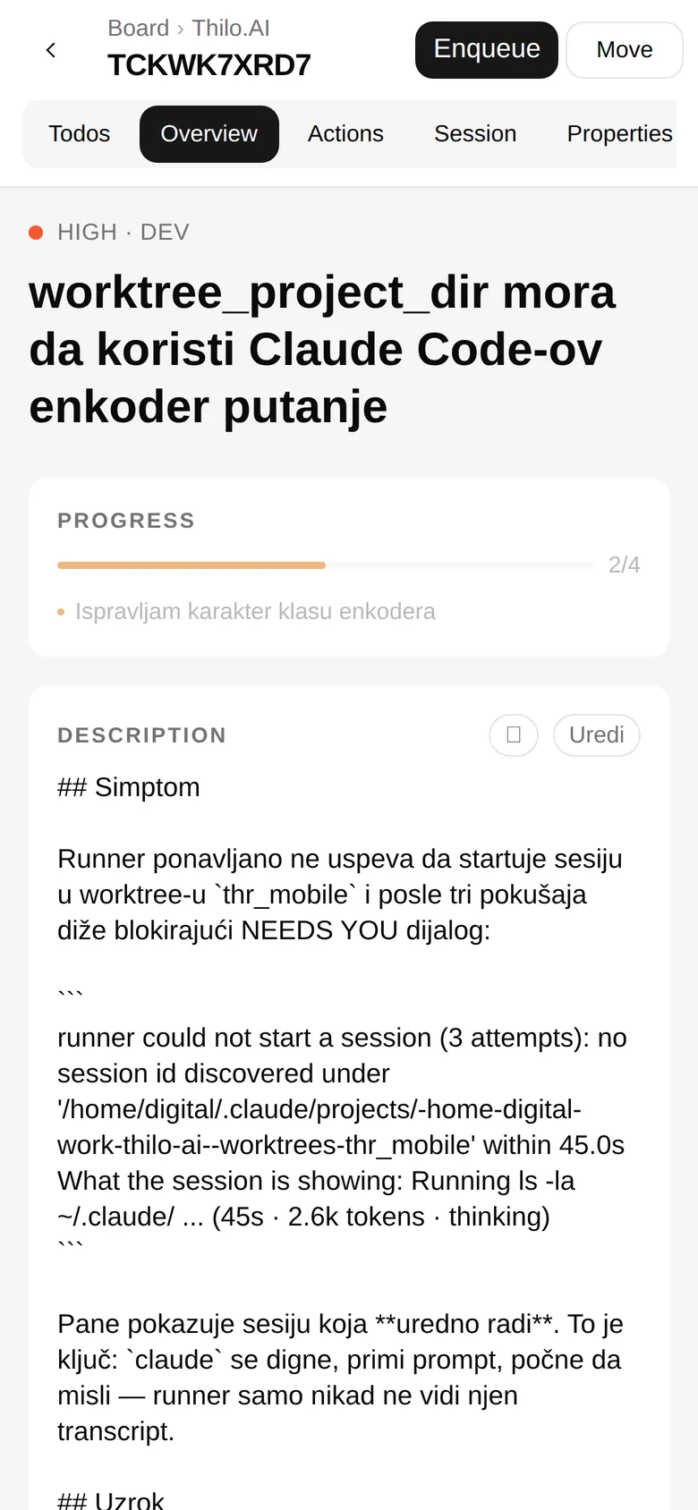 thilo mobile app — ticket with AI progress